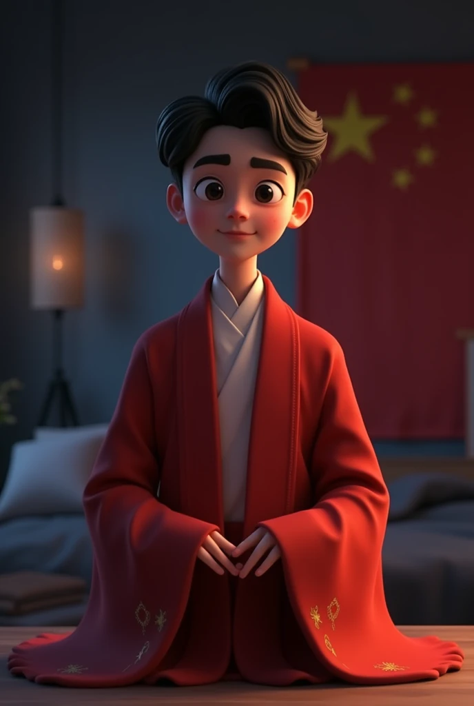 naughty man tranquilo,detailed short hair, wearing a hanfu, , Half body image display, dark bedroom, tom, Pixar-style, 。.3d, animated cartoon, detail, asymmetric 16k, (1024x1024), Asian eyes, china flag in the background, chinese flag in hanfu, china, computer, naughty man, masculine, no lights, murky