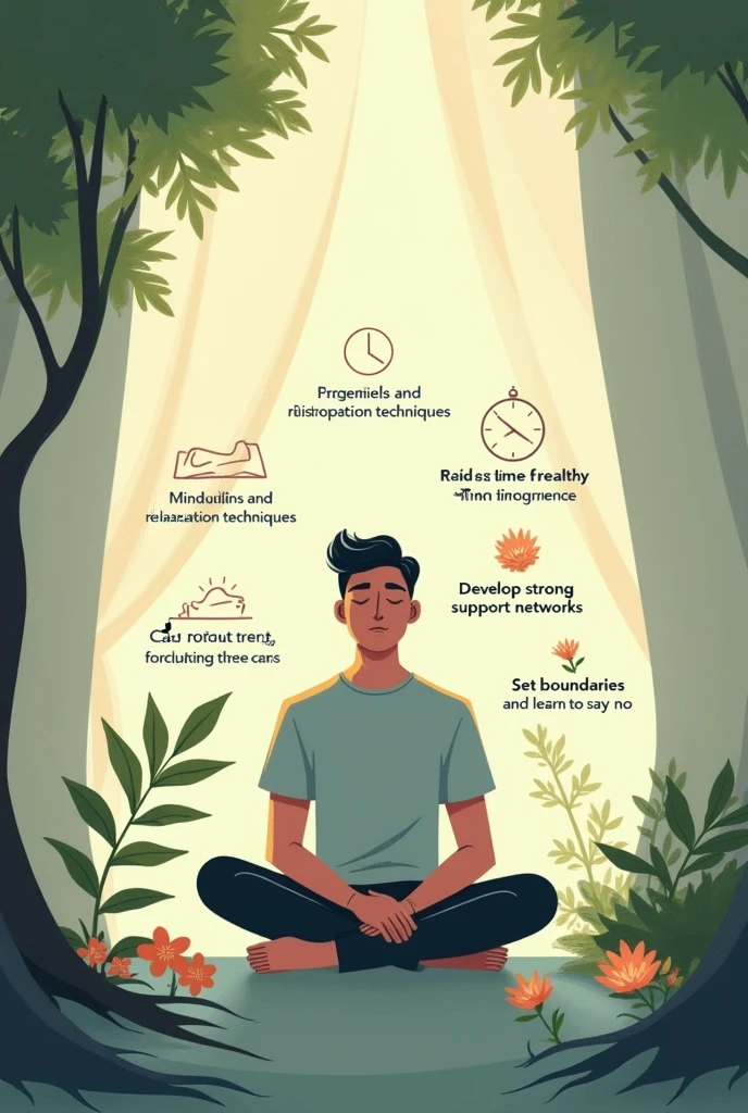Create an image that visually represents the concept of building patience. The scene could depict a man calmly sitting in a serene environment, like a quiet park or a peaceful room, practicing deep breathing or meditation. Surround them with symbols of time and growth, such as a slowly blooming flower, a ticking clock, or a tree with roots growing deep into the earth. The colors should be soothing, like soft blues and greens, to evoke a sense of calmness and tranquility. The overall atmosphere should reflect serenity, mindfulness, and inner peace.written the points in english -uk around the person which shows he practice these. 1. Practice mindfulness and relaxation techniques.
2. Maintain a healthy lifestyle.
3. Time management.
4. Develop strong support networks.
5. Set boundaries and learn to say no.