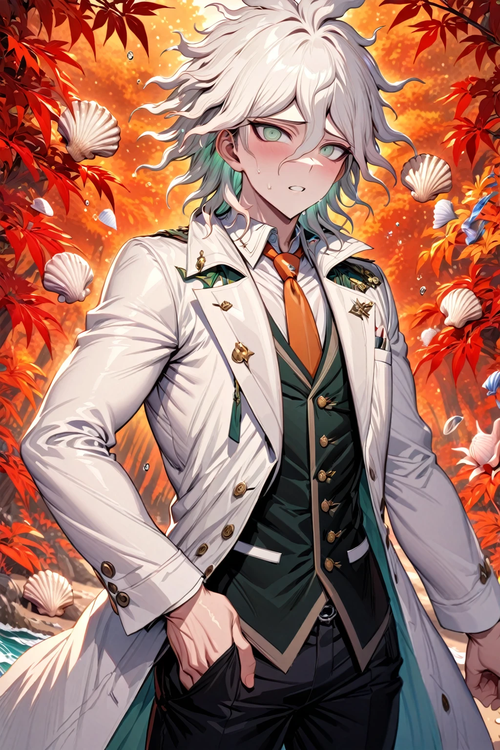 Ultra detailed, Highres, absurdres, HDR, master piece, Komaeda Nagito, white hair, expressive gray-green eyes, Danganronpa, sexy man, solo, white jacket, black vest, orange necktie, black pants, white shirt, glittering, sensual, fantasy, manly man, horny, beach, sea, sand, orange leaves, seashells, handsome, red leaves