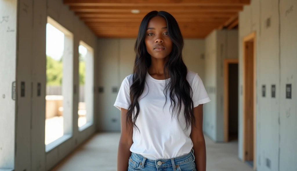 the best photo, the most realistic ,Clareza 4K, black female , black hair with long length ,age 25 ,White cotton shirt ,jeans .the woman is in a house construction
