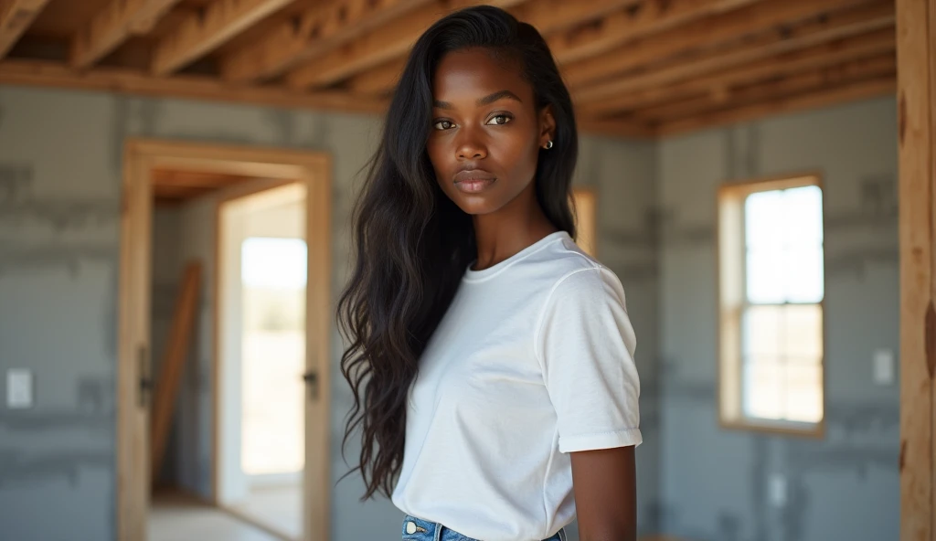 the best photo, the most realistic ,Clareza 4K, black female , black hair with long length ,age 25 ,White cotton shirt ,jeans .the woman is in a house construction