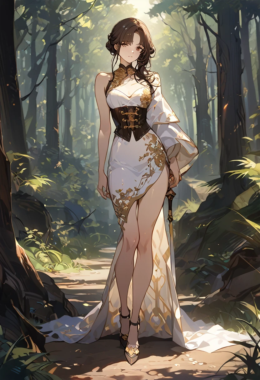 masterpiece, 1 female, dark brown hair, long hair, brown eyes, look away, white dress, dress to the knee, dress by the shoulder, leather corset, single slit dress, gold embroidery bottom part of the dress, black long pants, pants under dress, carrying spear, forest background, 8k ,4k , best quality, high quality, masterpiece, embroidery clothes, full body, all kind of hairstyle, inspired by Asukaziye artist : ask, art style : ask