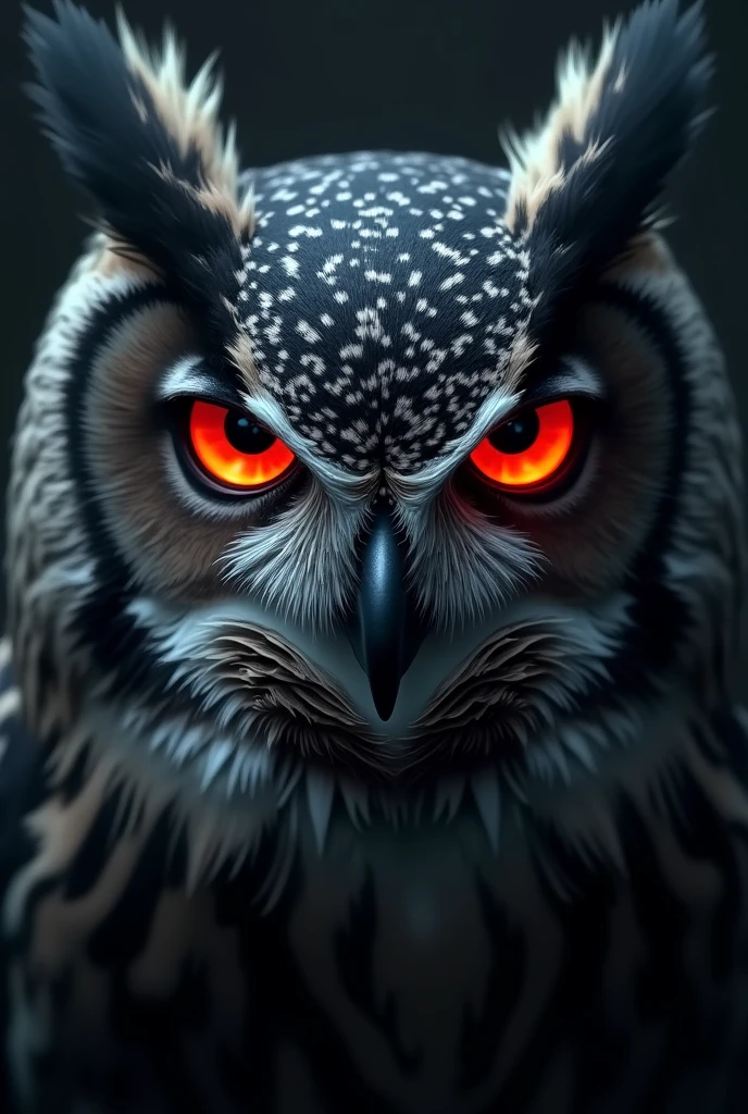 Owl face with red eyes dark grey background high resolution , realist