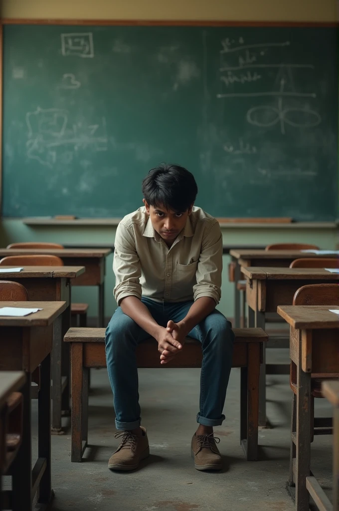 A indian student sitting the brench in the classroom and he is tensed and the classroom is old school 