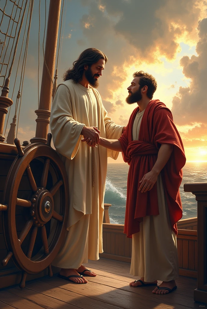Jesus Christ holding ship&#39;s rudder and lifting a sick man 
