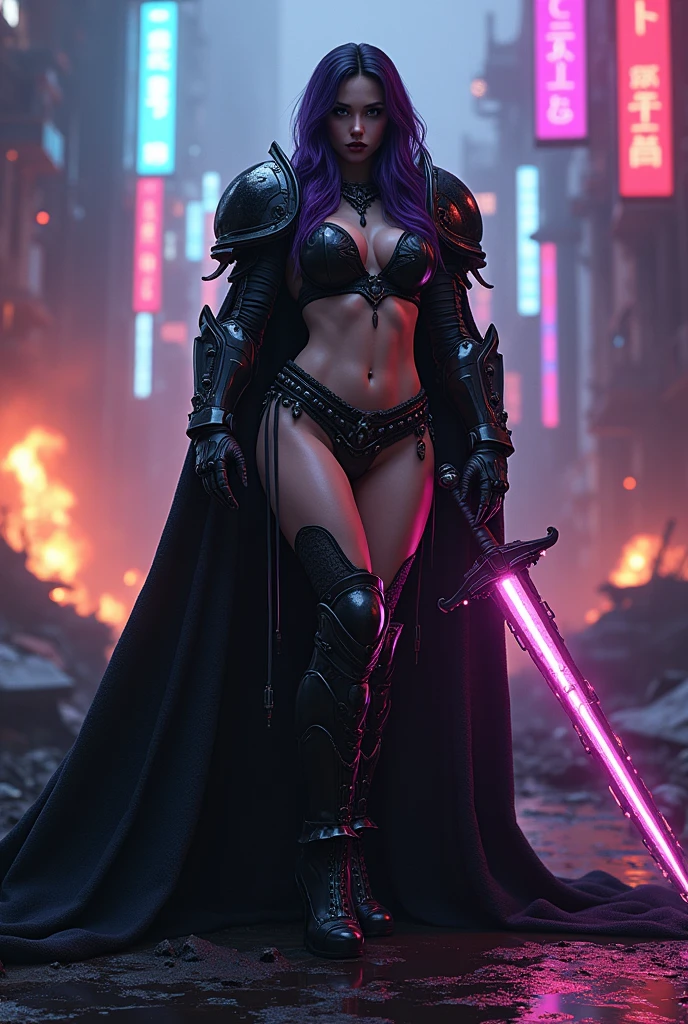 young Angelina Jolie, Full body pose as a space marine from the warhammer 40k, fit muscular female body and armor, Beautiful body, Massive silicone breast, pale skin, seductive, temptation, eat your soul, clevage, long flowing black hair with purple highlights, heavy gothic makeup, at night, neon, most beautiful intricate detailed glowing chainsaw sword , sith queen, warrior queen, black latex cloak, stiletto heels, full body pose, wartorn ruins in the background, explosions and fire, night light, dark, hdr, detailed face, detailed skin, cinematic, dramatic, (cyberpunk megapolis:1.3), neon light, deep neckline, high heels, full body pose, stiletto heels, high heels, water puddles on the ground, focus on full body pose photo
