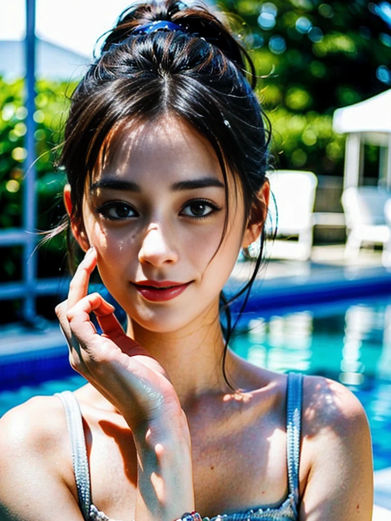 a Close-up portrait of gorgeous smiling cute Japanese woman in a glamorous Fishnet dress outfit, delicate facial features, porcelain-skinned, ponytail, a fusion of young Marion Cotillard's striking eyes and young Anne Hathaway's introspective gaze, long and slender cute face, curved eyebrows, droopy hooded eyes, lower nasal bridge, slim wavy nose, smiling, thin lips, short pixie cut hair, silhouette, bokeh, outstretched right hand to pointing at the viewer, skylight atrium pool background,  depth of field, photo, film,