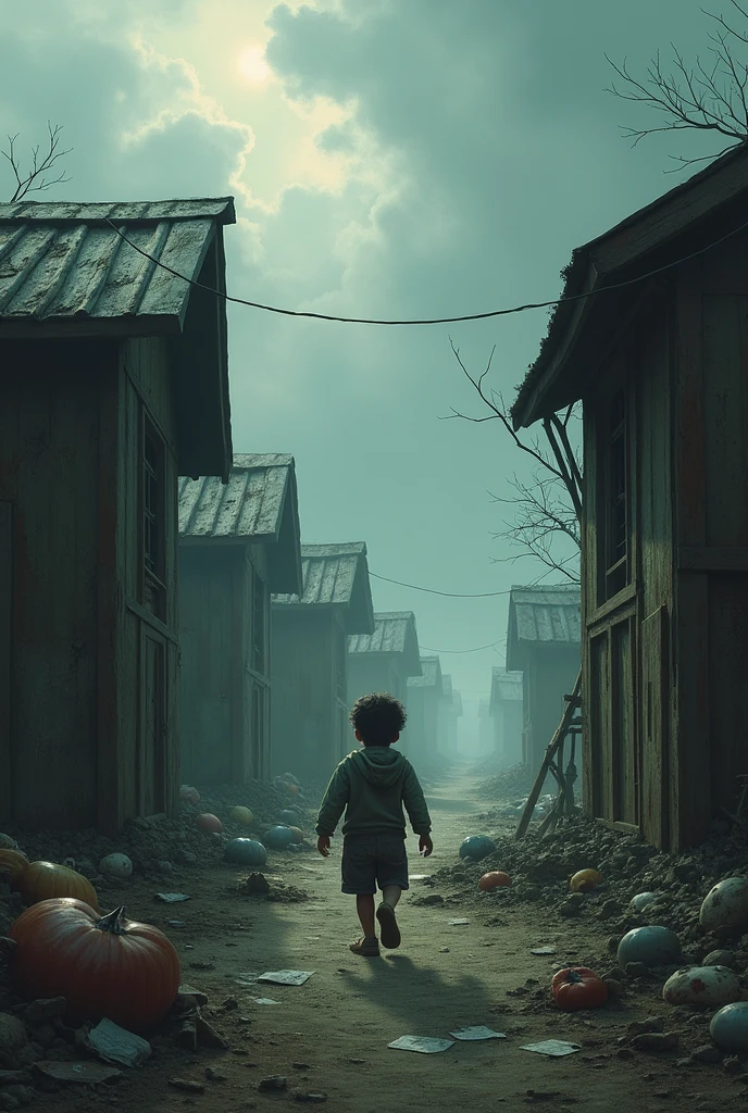 gloomy world, digital painting, artstation, evocative scene depicting a young boy playing in the dust in a post-apocalyptic landscape characterized by makeshift shelters, ominous post-apocalyptic skies, and haunting remnants of the past, makeshift shelters crafted from salvaged materials,  Integrate haunting remnants of the past scattered throughout the scene, such as faded photographs, abandoned toys,