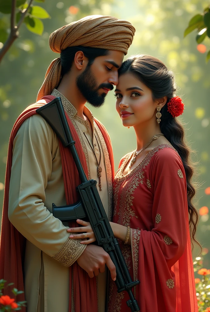 a typical pathan having Ak47 in his hand while wearing pathan's traditional cap pakool standing with his girl friend and the girl friend hold red flower in her hand and both looking beariful green and blue eyes and the girl friend wearing pathan's traditional clothes