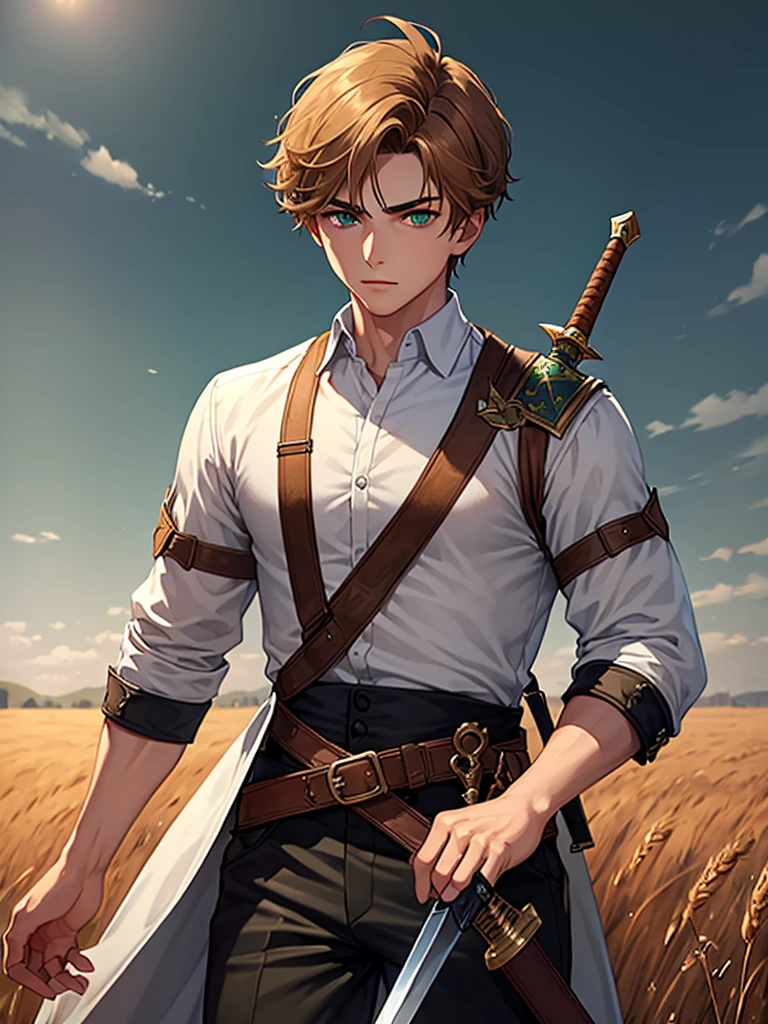 ((Highest quality)), ((masterpiece)), (detailed)、A young man with light brown hair and green eyes holding a sword、The background is a wheat field、Untrimmed hair、good looking、Androgynous male