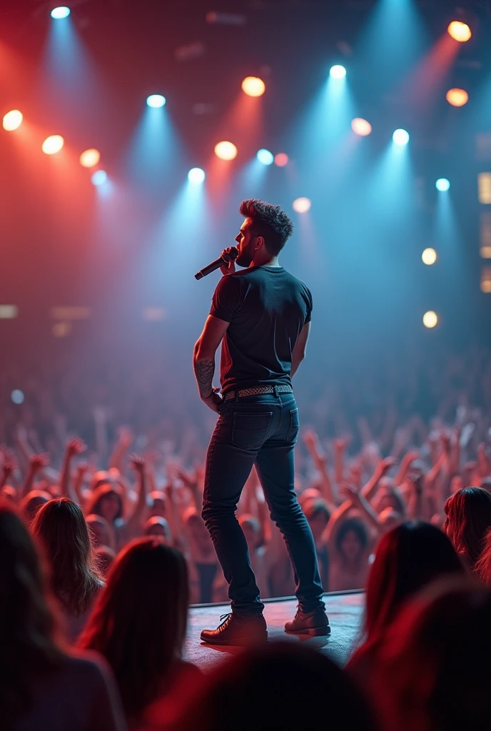 create a country singer style: Gustavo Lima, handsome, Cao Cao, beard and regua, tufty hair, light brown, wearing tight pants, tight shirts ,
in an environment with lots of people and girls crazy about him, a stage full of lights and very beautiful