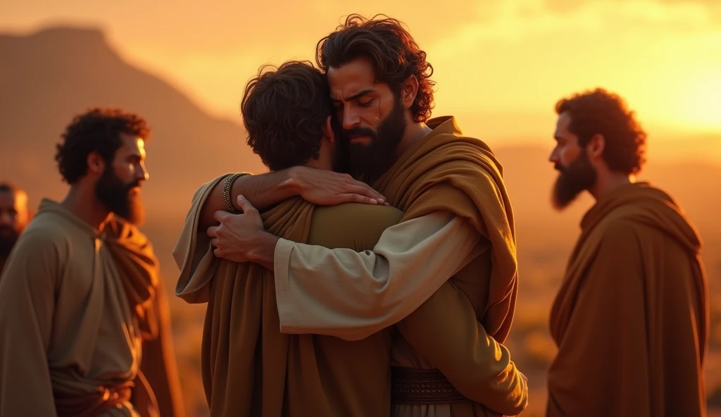 Joseph hugging his brothers with tears in his eyes, symbolizing forgiveness. The environment is illuminated, with warm colors that convey love and reconciliation.