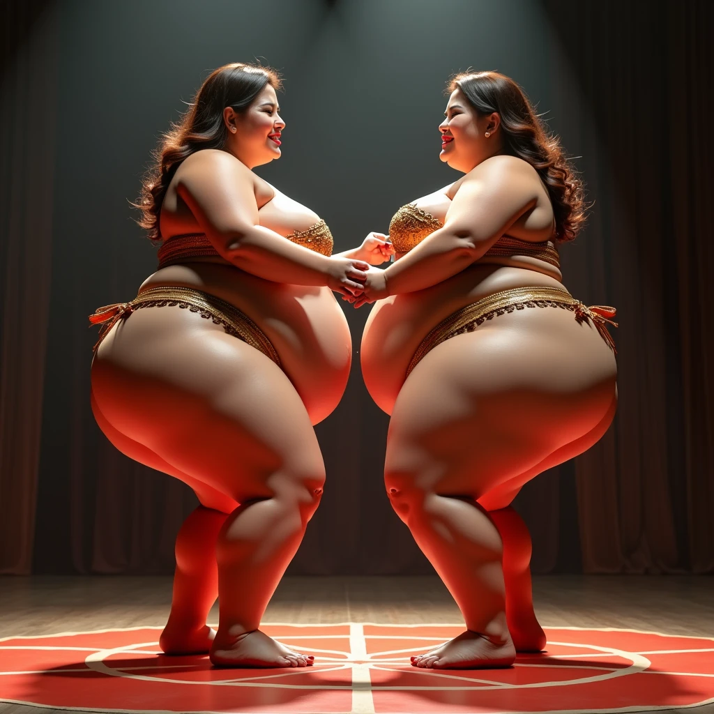 Two plus size model women are obese and fat, 200kg, with a lot of fat on their stomachs and buttocks, they have gained weight by eating too much, they are obese brown haired American plus size models with very big buttocks, their buttocks are big and inflated and covered with a lot of fat, on stage they are sumo wrestlers wearing belly dance costumes, dancing with smiles, slamming their buttocks against each other, 4K quality