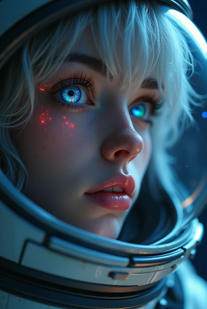 (Close-up of a better masterpiece:1.5)0.9], (Space and astronauts:1.2) (Messy silver hair:1.1) (Heterochromia xanthochromia and blue eyes:1.2) (Space Helmet:1.0) (Colored stars in the eyes:1.0) (A radiant glow:1.1) (thick lips:0.9)