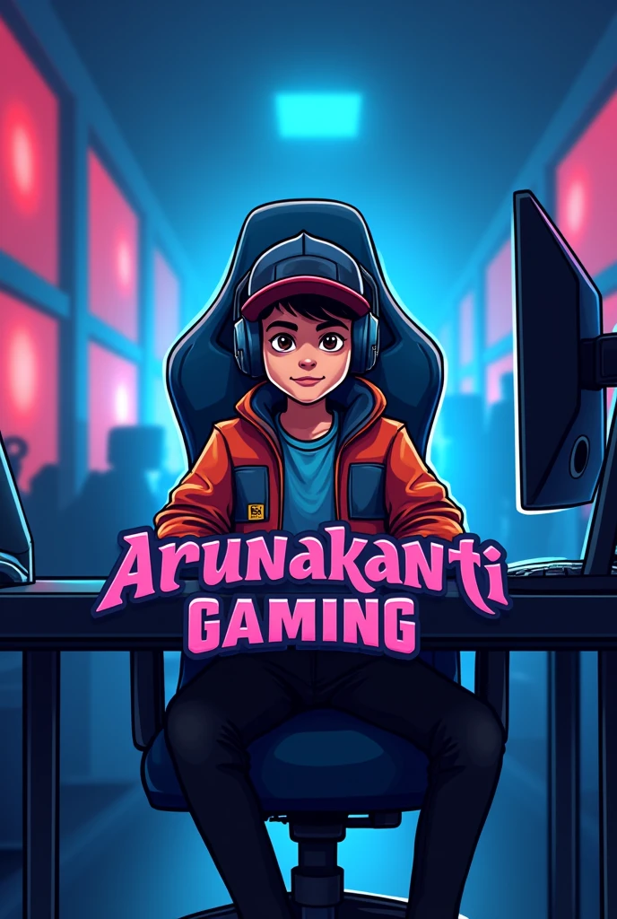 A youtube gaming channel logo with this name ARUNAKANTI GAMING, a young boy age 20 sitting on a gaming chair in front of a gaming desktop with hat and heatphone in head, looking cool and smart half body multicolored jacket , blue gaming room in background