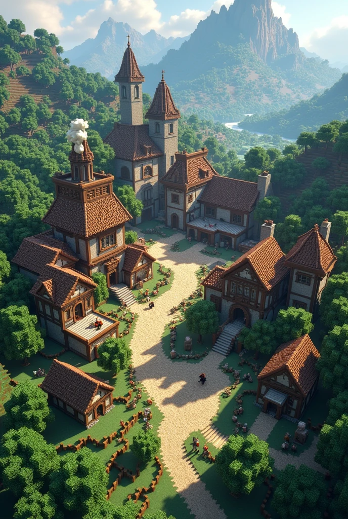 Image of large medieval village in minecraft from above