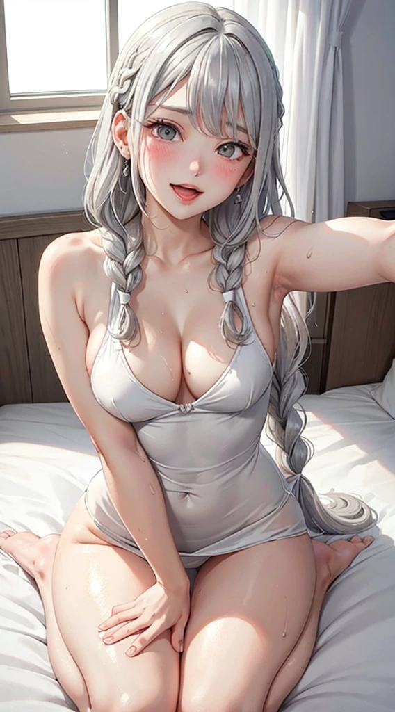 1Girl, Solo, Anime, Ideal body, (Cleavage, Small breast:1.2). Beautiful, Gorgeous, Fresh, Young, Blunt Bangs, (White Grey Hair:1.5), (Braided Straight and Wavy Long Hair:1.3), Beautiful Dress, Undergarment. (Sexy Seiza:1.3). Earrings, Thin Black Headband, Green Accessories, Environmental Details, Bed Room, Natural Light, Modern Bed, Chair, Window, White Curtain, City View. pov, anime style, UHD, retina, masterpiece, accurate, anatomically correct, textured skin. High Resolution, Looking at the Viewer, Blush, Best Quality, Award Winning, Accurate, Embarrassed, seductive smile, sweating, naughty smile, Naughty Face, Naughty, Gradient Eye Color, Tongue Out, Open Mouth, Eye Level, Cowboy Shot, (sticky goo on breast), (white goo on body), (sweating). (white goo on the breast),.