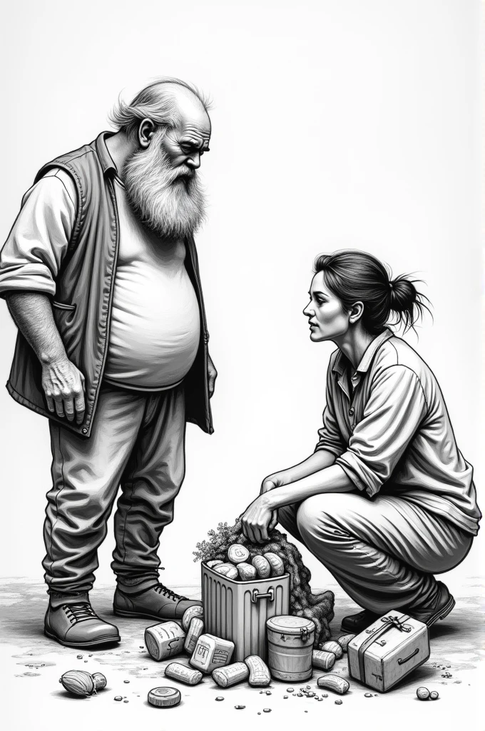 Make an easy black and white drawing to draw, of a man talking and the woman who is collecting things, CLOTHES, food etc to leave , Place their mouths open as if they were talking , Put a beard on the older man and have the woman pick up the things, With this same image that you generated just change the woman and make her crouch or run to pick up things