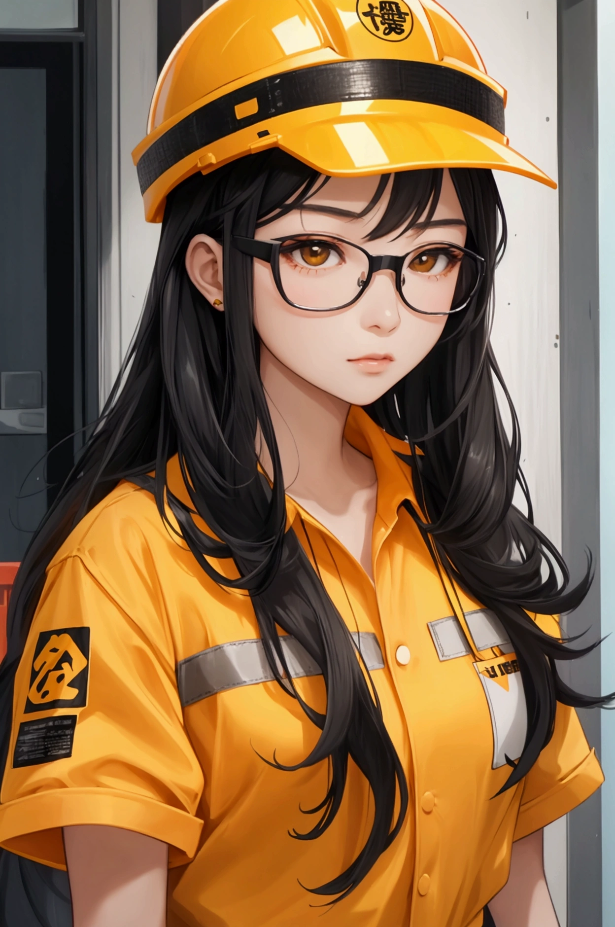 Teenage Asian girl with long black hair. Wearing glasses.Wearing orange construction worker outfit and yellow construction helmet. Timid facial expression.
