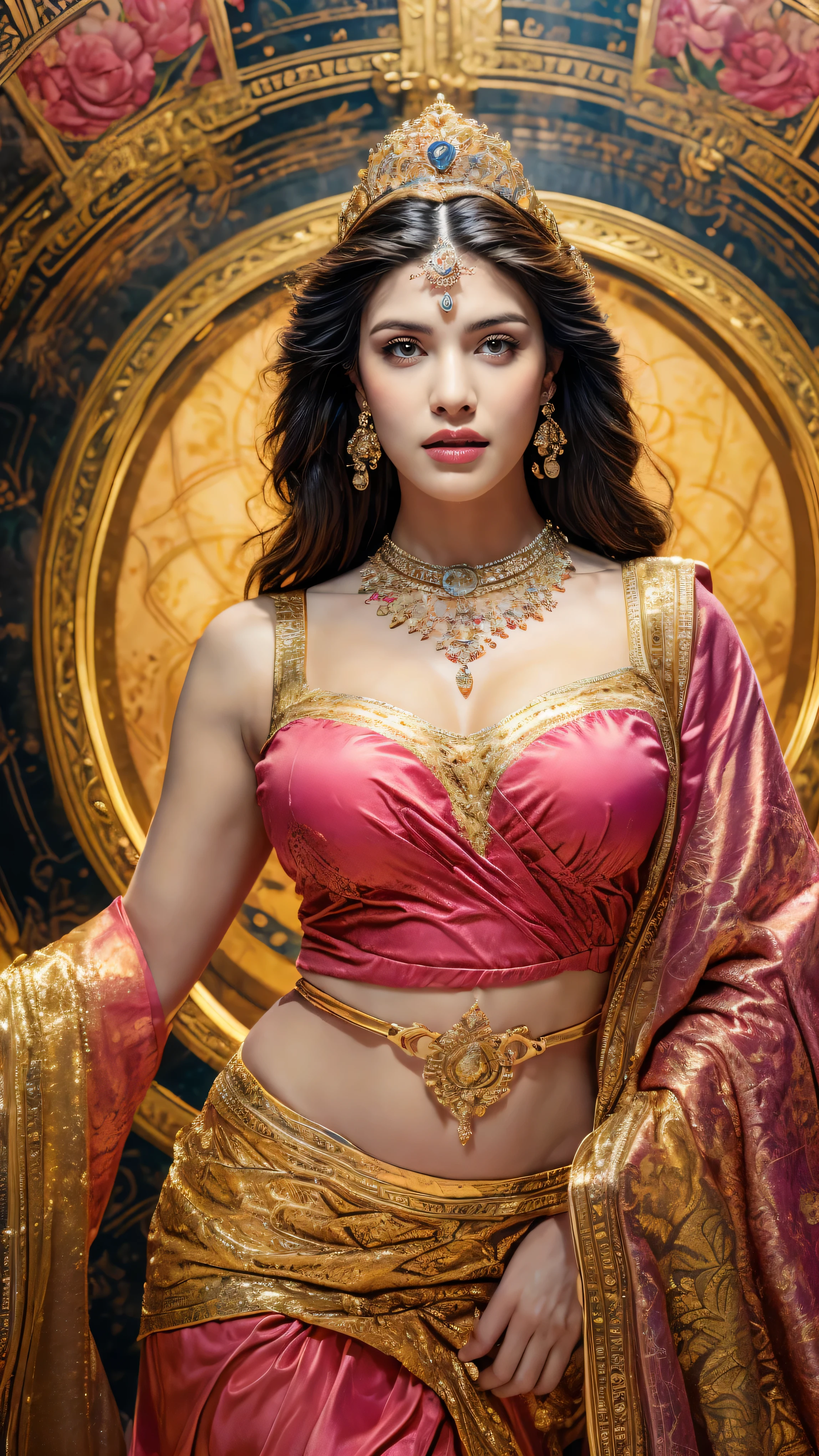((Best quality, 8k, Masterpiece :1.3)), Sharp focus :1.2, Generate a realistic image of a beautiful Indian woman plus size body: 8.5 (masterpiece like a princess) (body like divine girl) dressed divine clothes pink skirt and print v neck plus size giant blouse + belt, adorned with traditional ornaments, standing in a well-lit room with cinematic lighting. ((Front view, random elegant pose)), and there is a sense of grace and elegance in her posture. The background should complement the scene, enhancing the overall aesthetic appeal of the image. Photography by Brandon Woelfel, Full shot: Canon EF 16-35mm f/2.8L III USM lens on a Canon EOS 9D Mark IV 128bit camera, ultra realistic, 32k, HD