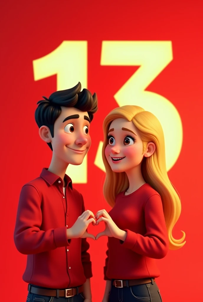 Create a mascot for WhatsApp profile pictures that will symbolize an I.In the colors red and yellow, called 13zinho, which symbolizes a person, a candidate for mayor. The image must represent 2 young people, be it a man with short hair and a young blonde woman, Disney Pixar style. The blouse must be red and the image behind the 13 must also be red. Have 13 on the blouse and 13 behind so it is more visible. Make the hands come together and make the heart symbol. The background can be just red with the 13 without flowers.