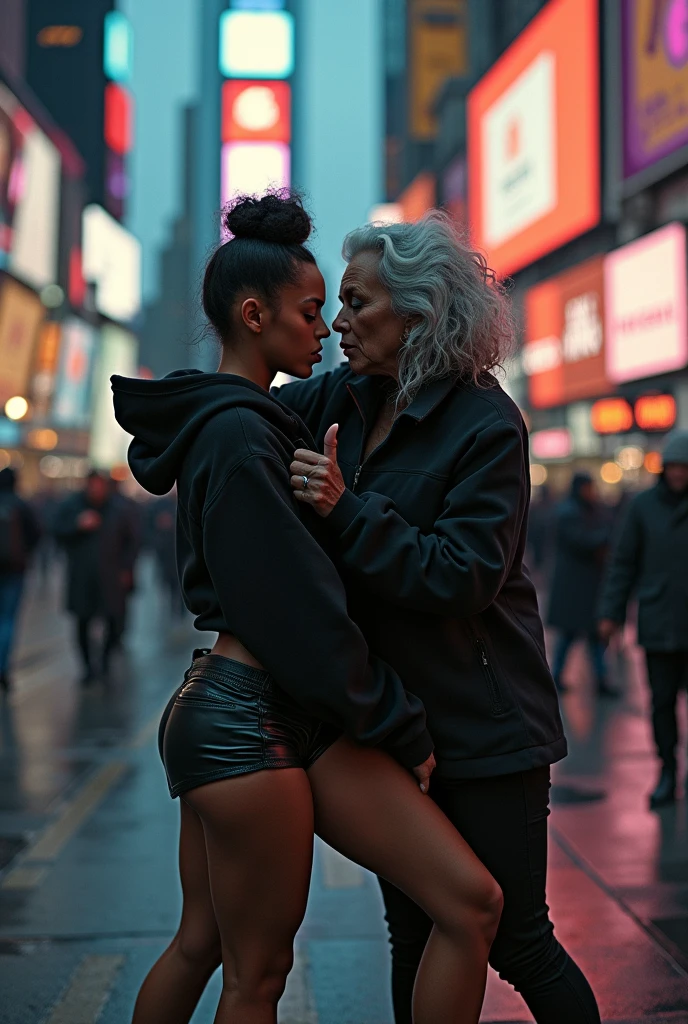 black woman hair in a bun black hoodie black leather short shorts bent over and old woman humping her bump time square new york city