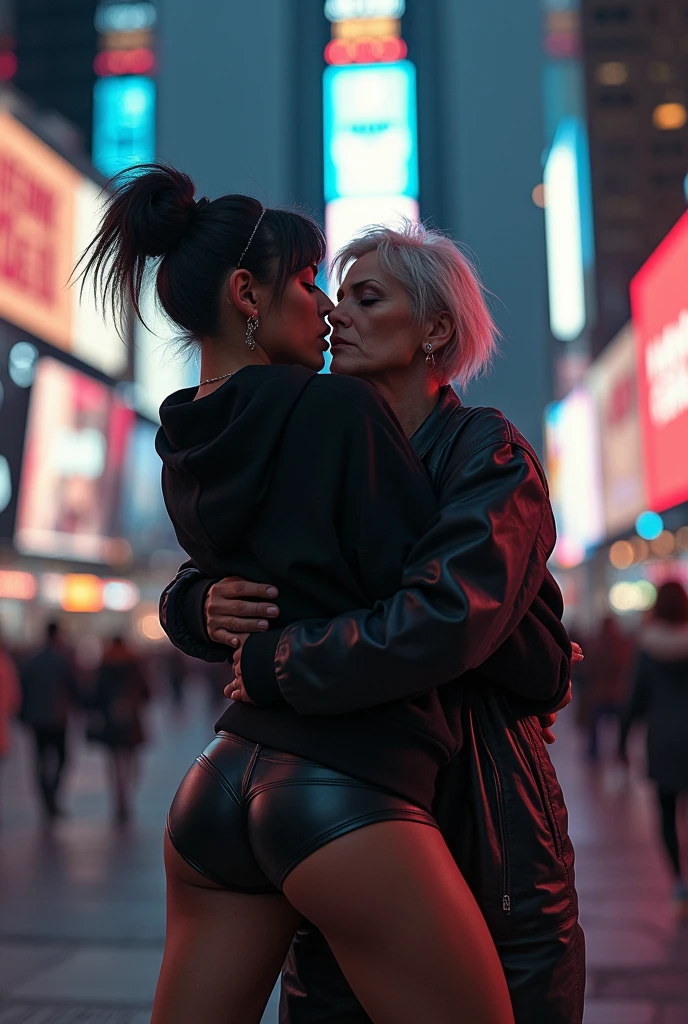 black woman hair in a bun black hoodie black leather short shorts bent over and old woman humping her bump time square new york city