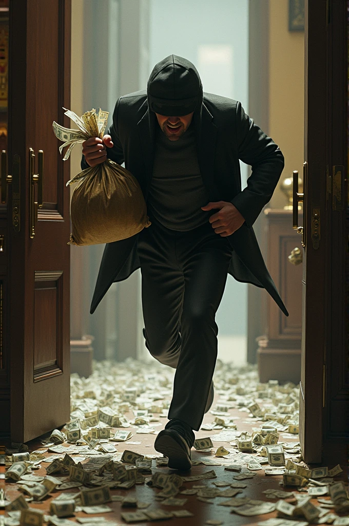 A man is stealing dollars from the bank and he has a bag in one hand and dollars are falling out of the bag and there are dollars lying around the money as well.
