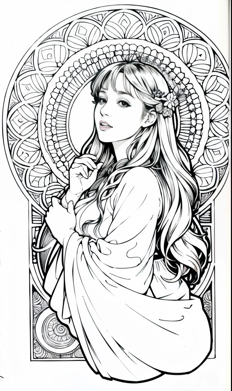 Pursuing their dreams, Coloring Book Pages Coloring Art, All-white background, Beautiful fairy star,White Soft Wavy Hair,Use only contours, Line Art, Coloring Book, Clean Line Art, Mandala,Mountain line drawing,Coloring with natural patterns, Simple and clean Line Art, Coloring Book page, Decorated in Art Nouveau, With Alphonse Mucha's brush, Perfect details, real,
