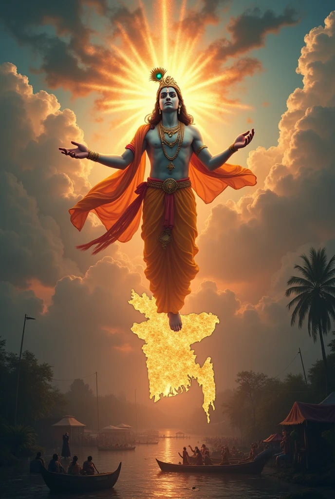 Create an inspiring and symbolic image depicting Lord Krishna offering his divine blessings over Bangladesh amidst current challenges like floods and political tensions. Lord Krishna is shown in the sky, adorned with his iconic peacock feather crown, emitting a glowing aura. He looks down upon Bangladesh with a serene and protective expression. The landscape below includes flooded regions, political gatherings, and people enduring hardships. The overall tone of the image should convey a sense of divine protection and hope, with Krishna’s presence symbolizing trust and blessings for the people of Bangladesh. The colors should blend dark tones representing challenges with warm, bright hues reflecting Krishna's divine light and hope. Also add Bangladesh map on this picture 