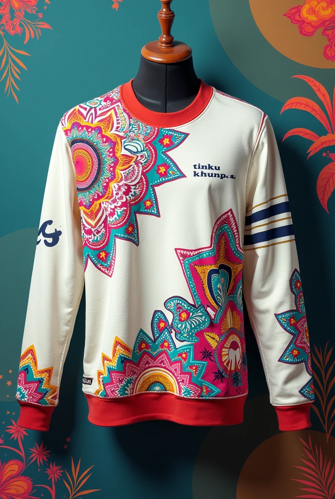 A long-sleeved T-shirt with a white base color and adding the color Aquamarine, Magenta and Yellow that says Tinku Khunpa small on the right side and that have things that represent Bolivia and its aguayo