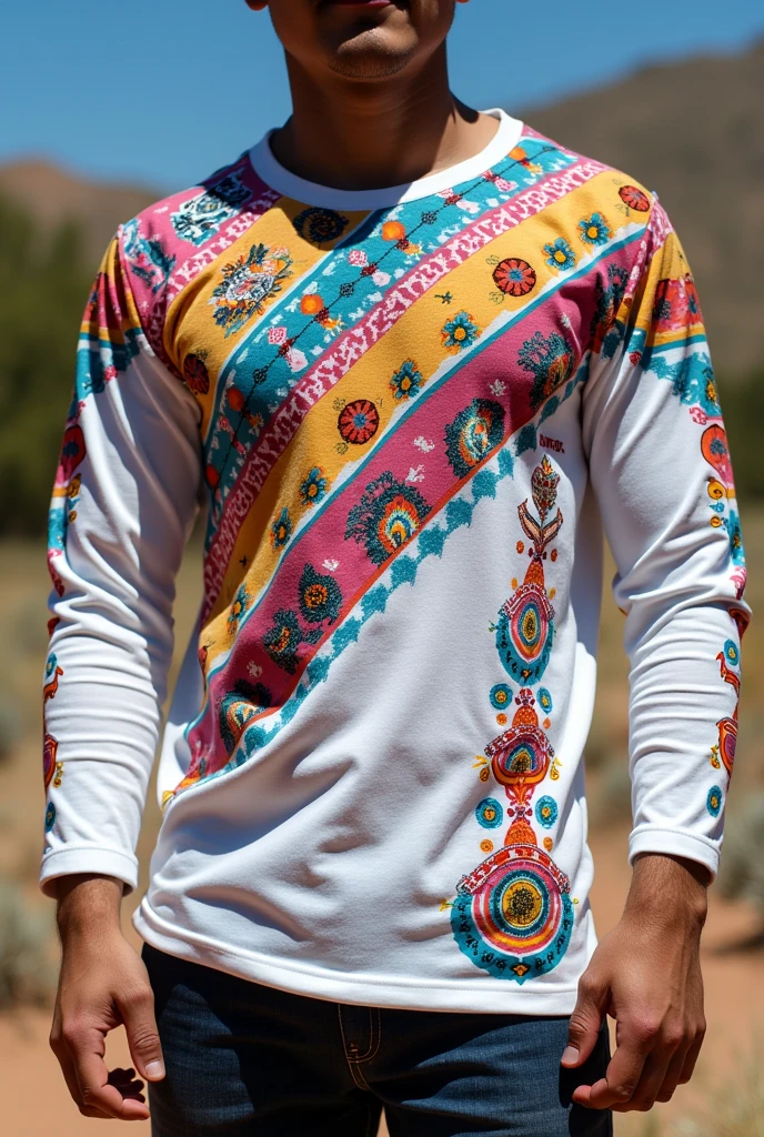 A long-sleeved T-shirt with a white base color and adding the color Aquamarine, Magenta and Yellow that says Tinku Khunpa small on the right side and that have things that represent Bolivia and its aguayo