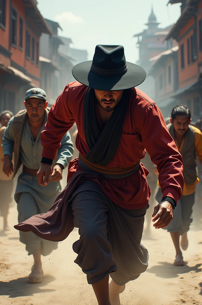 Nepali black hat wearing thives man chasing other people 