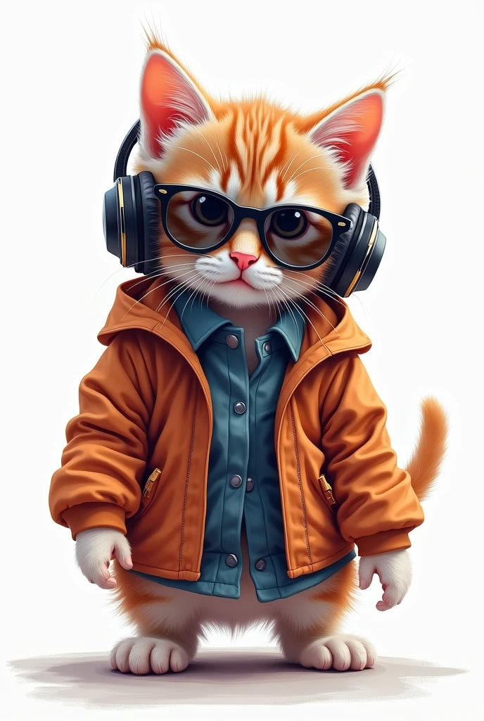 Perfect centering, Cute kitten, Wear a school jacket, Wear sunglasses, Wear headphones, Standing position, Abstract Beauty, Centered, Looking into the camera, To the camera, Near perfect, dynamic, moonlight, Very detailed, Digital Painting, artステーション, コンセプトart, Smooth, Sharp focus, 8k, High resolution, figure, art:Kahne Griffith and Vadim Kashin, White Background