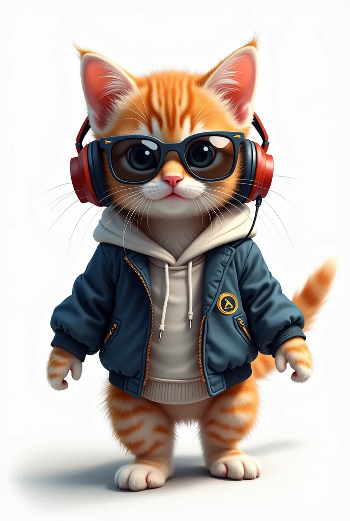 Perfect centering, Cute kitten, Wear a school jacket, Wear sunglasses, Wear headphones, Standing position, Abstract Beauty, Centered, Looking into the camera, To the camera, Near perfect, dynamic, moonlight, Very detailed, Digital Painting, artステーション, コンセプトart, Smooth, Sharp focus, 8k, High resolution, figure, art：Kahne Griffith and Vadim Kashin, White Background