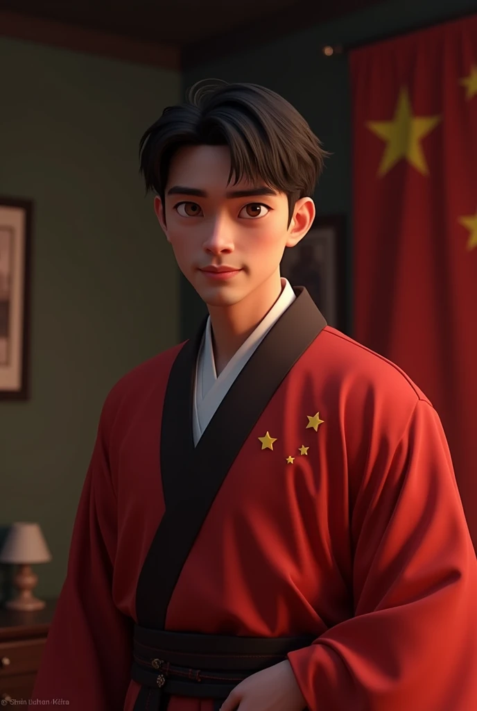 naughty man tranquilo,detailed short hair, wearing a hanfu with a Chinese flag, Half body image display, dark bedroom, tom, Pixar-style, 。.3d, animated cartoon, detail, asymmetric 16k, (1024x1024), Asian eyes, china flag in the background, chinese flag in hanfu, china, computer, naughty man, masculine, no lights, murky, masculine