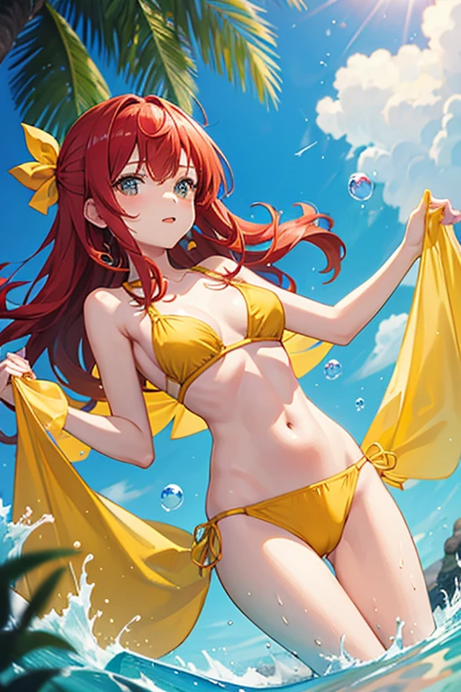 Girl wearing yellow bikini, long red hair,soap bubbles around