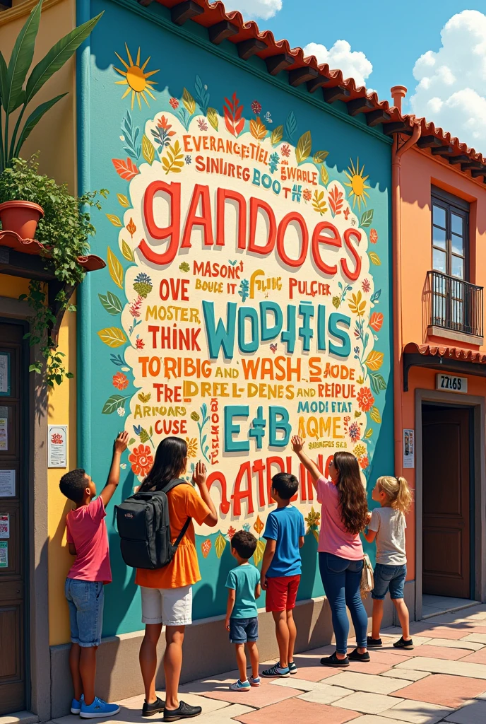A colorful mural in the village depicting the words and expressions they learned.. cheered up