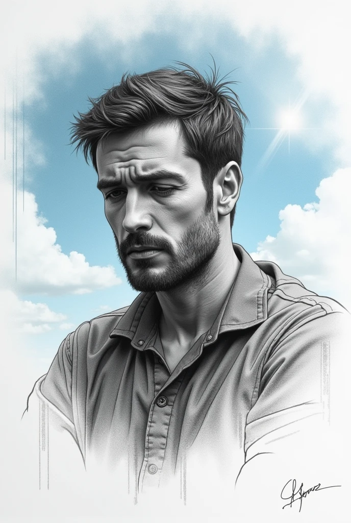 Sad man, imaginary sketch, beautiful sky, pencil sketch