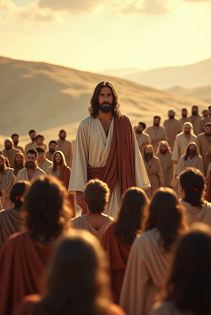 A hyper-realistic scene of Jesus standing on a hill with a crowd of diverse people around him, dressed in traditional 1st-century Middle Eastern robes, in a peaceful, sunlit landscape with rolling hills and distant mountains, wide shot, photo realism, cinematography