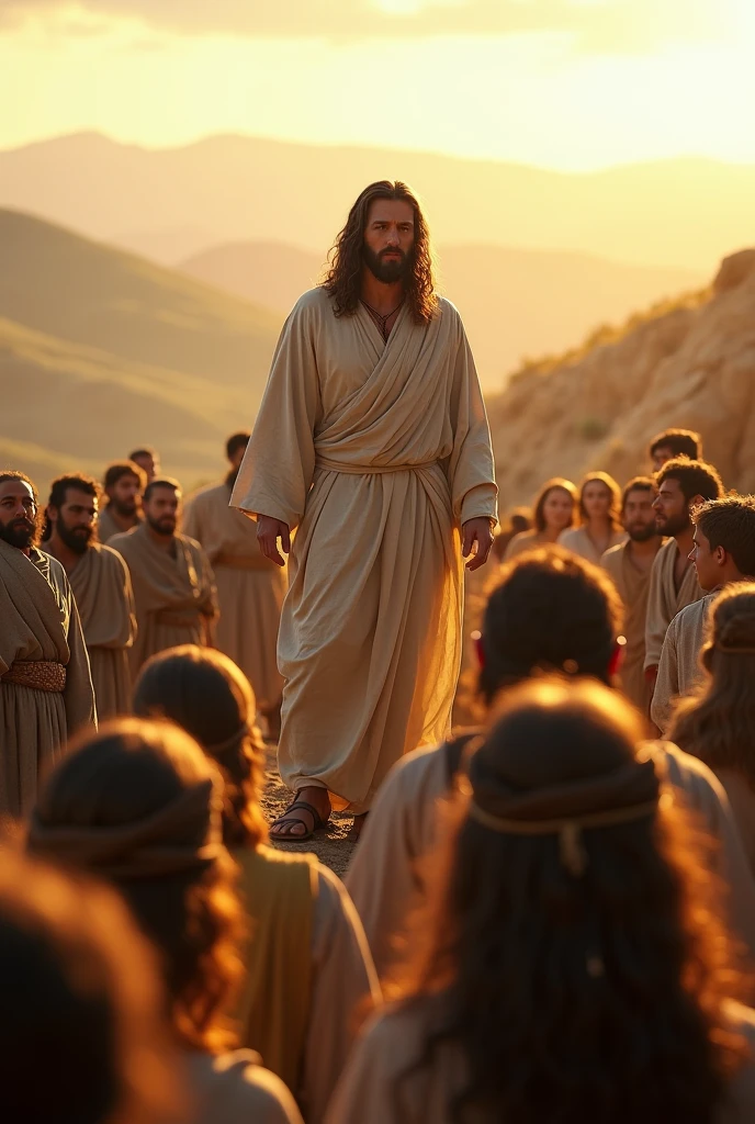 A hyper-realistic scene of Jesus standing on a hill with a crowd of diverse people around him, dressed in traditional 1st-century Middle Eastern robes, in a peaceful, sunlit landscape with rolling hills and distant mountains, wide shot, photo realism, cinematography