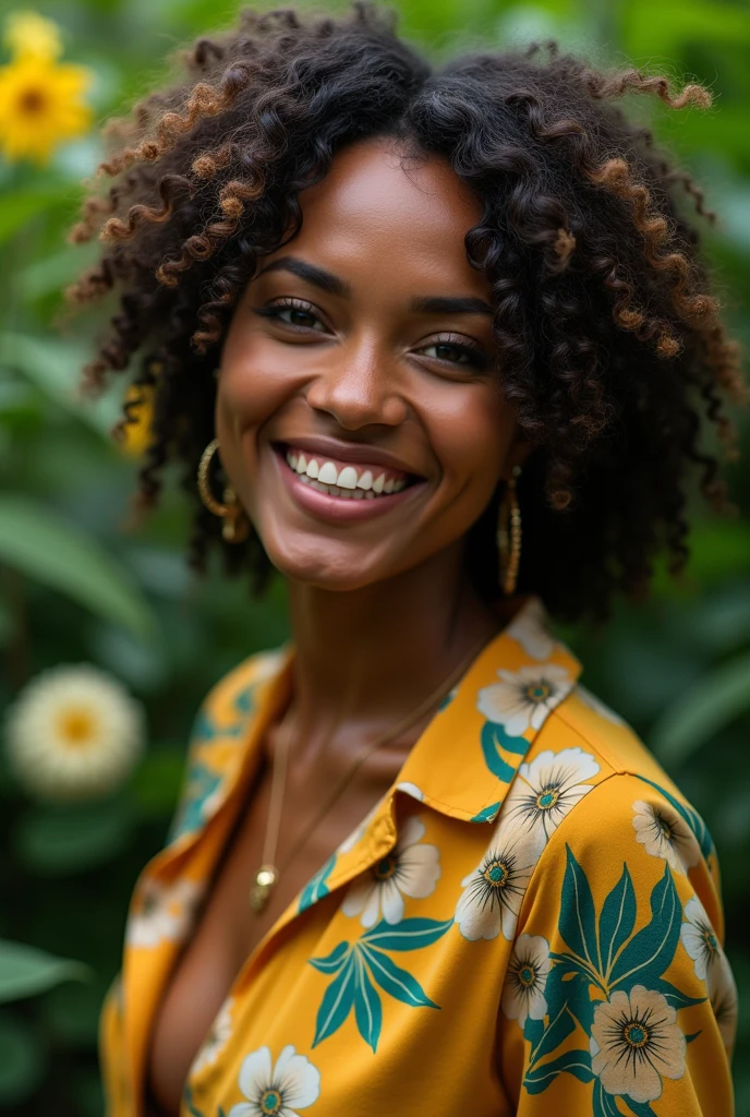 A Brazilian woman in a lush tropical garden, wearing an open shirt with a floral print, with a close-up capturing the harmonious beauty between her breasts and the natural flowers, showing off your natural charm and outgoing personality.