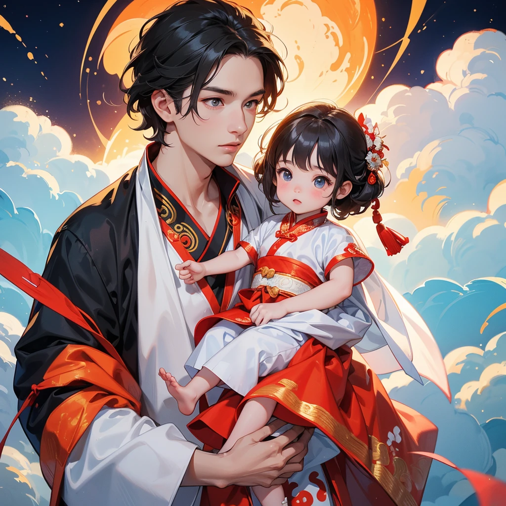 A one-year-old baby boy in an ancient Chinese baby costume with his beautiful mother, dressed in an white ancient Chinese costume, There are some floating clouds, playing with each other, with his handsome father standing next to his mother, close up.
Background is a volcano, lava erupting red