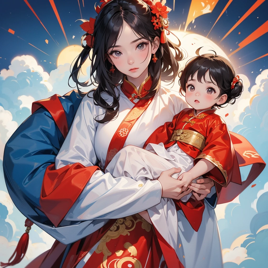 A one-year-old baby boy in an ancient Chinese baby costume with his beautiful mother, dressed in an white ancient Chinese costume, There are some floating clouds, playing with each other, with his handsome father standing next to his mother, close up.

Background is a volcano, lava erupting red