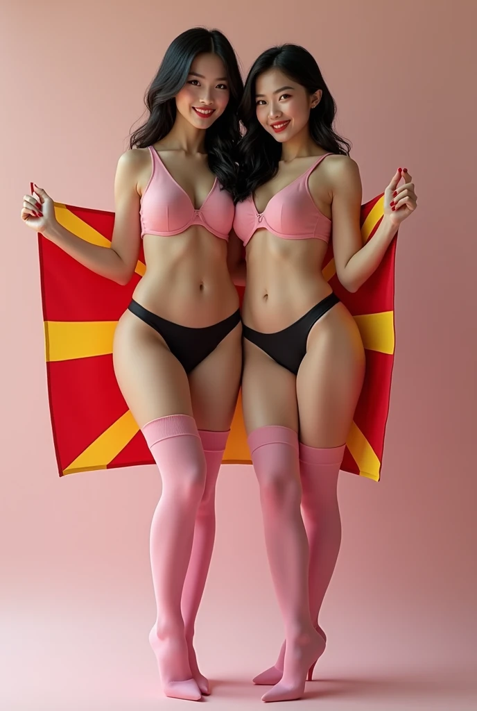 Photorealism 2 ultra realistic cheerful attractive Chinese women from the front with big breasts and big ass in pink bra and black panties with pink thigh-high stockings standing 8k holding a Macedonian flag