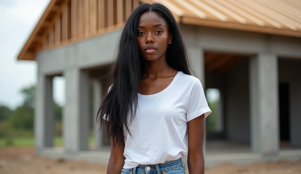 the best photo, the most realistic ,Clareza 4K, black female , black hair with long length ,age 25 ,White cotton shirt ,jeans .the woman is distracted and in the background there is a house under construction