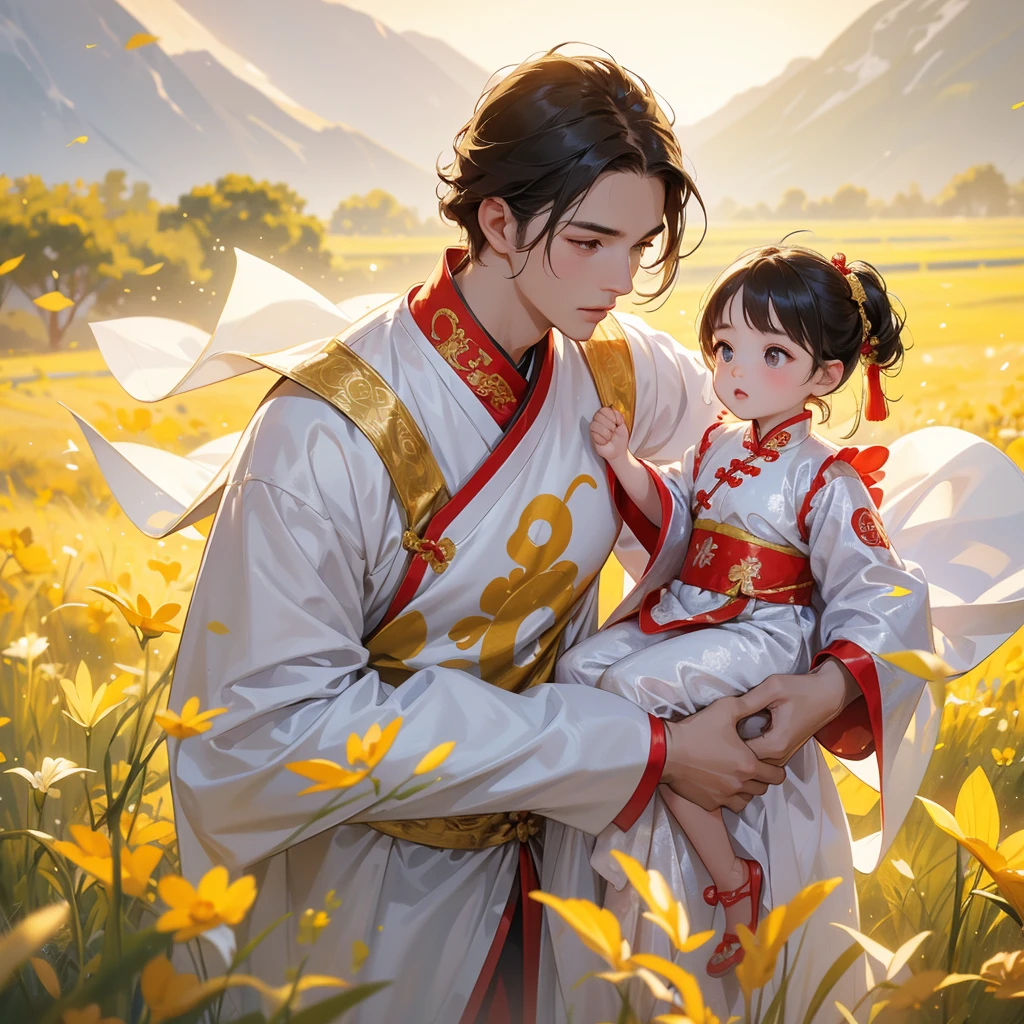 A one-year-old baby boy in an ancient Chinese baby costume with his beautiful mother, dressed in an white ancient Chinese costume, Standing in the midst of a field of bright yellow gold fields, There are some floating clouds, playing with each other, with his handsome father standing next to his mother, close up.
