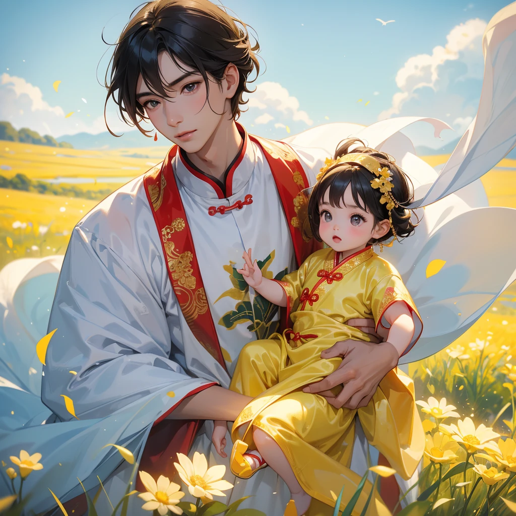 A one-year-old baby boy in an ancient Chinese baby costume with his beautiful mother, dressed in an white ancient Chinese costume, Standing in the midst of a field of bright yellow gold fields, There are some floating clouds, playing with each other, with his handsome father standing next to his mother, close up.