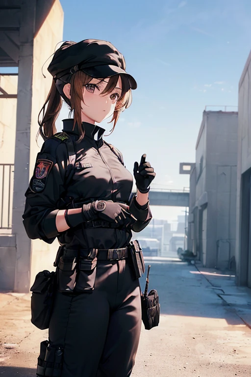 (((masterpiece; Highest quality: 1.2))), (Detailed drawn eyes: 1.3), (2. Women), (alone), (Iris: 1.4), (body; Toned Up, fit, soldier: 1.3), (Silky brown hair + ponytail: 1.3), (Beautiful and vivid background: 1.2), ((Depth of written boundary)), (Device: Special Forces Full Black Tactical Combat Ready Gear + Kevlar Waist + black tactical shirt + Black Tactical Pants + Black gloves + Black baseball cap + Pouch: 1.3), (Anime illustration: 1.2), (Background Composition; military base office: 1.1), (Very nice and beautiful: 1.1), (Shot Composition; Are standing + 胴bodyを中心に + close: 1.5), (Performance; Calm, stoic: 1.2)