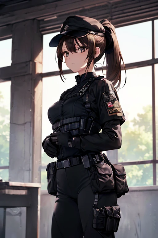 (((masterpiece; Highest quality: 1.2))), (Detailed drawn eyes: 1.3), (2. Women), (alone), (Iris: 1.4), (body; Toned Up, fit, soldier: 1.3), (Silky brown hair + ponytail: 1.3), (Beautiful and vivid background: 1.2), ((Depth of written boundary)), (Device: Special Forces Full Black Tactical Combat Ready Gear + Kevlar Waist + black tactical shirt + Black Tactical Pants + Black gloves + Black baseball cap + Pouch: 1.3), (Anime illustration: 1.2), (Background Composition; military base office: 1.1), (Very nice and beautiful: 1.1), (Shot Composition; Are standing + 胴bodyを中心に + close: 1.5), (Performance; Calm, stoic: 1.2)